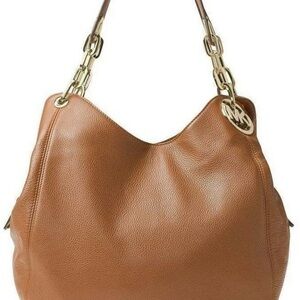 Michael Kors Cognac Pebbled Leather Shoulder Hobo with Gold-Tone Chain Strap